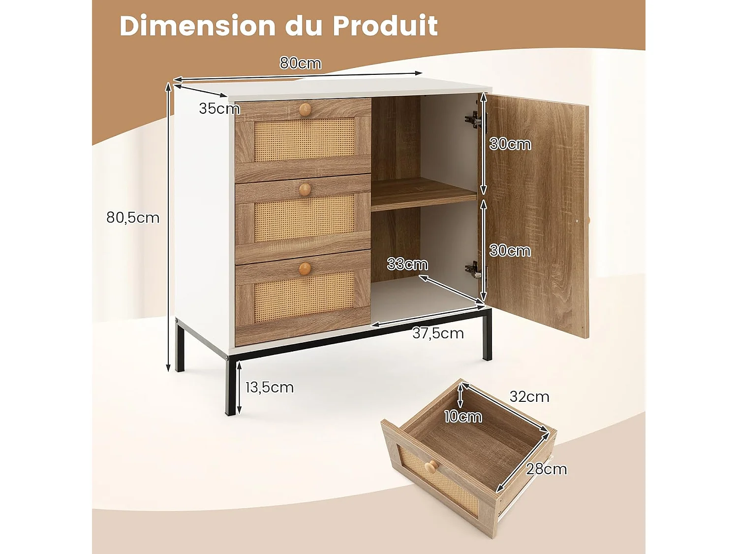 Buffet cuisine 3 tiroirs avec placard,étagère réglable, pied en métal, 80 x 35 x 80,5 cm