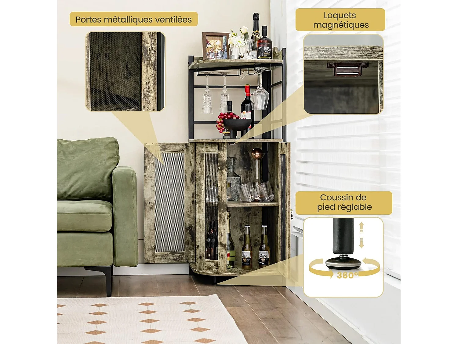 Buffet cuisine industriel,étagère d’angle réglable et placard à porte, 48x48x130 cm