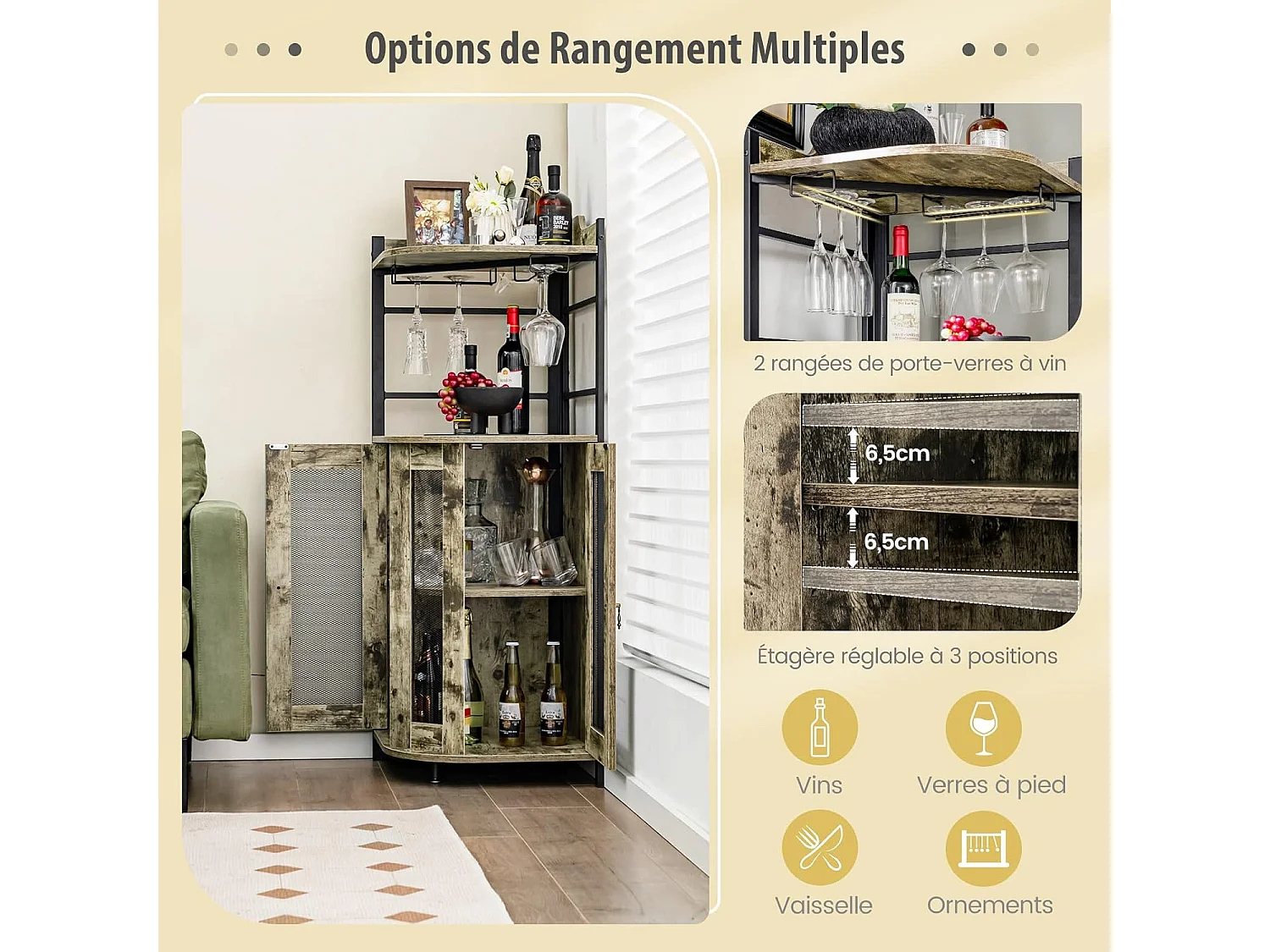 Buffet cuisine industriel,étagère d’angle réglable et placard à porte, 48x48x130 cm