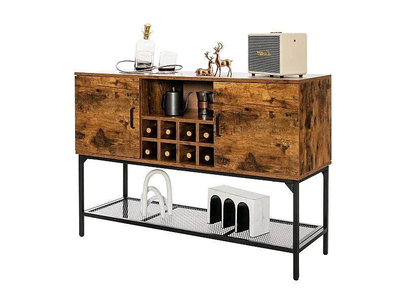 Buffet cuisine avec casier à vin,2 armoires à portes, étagère en maille, 120 x 40 x 85 cm