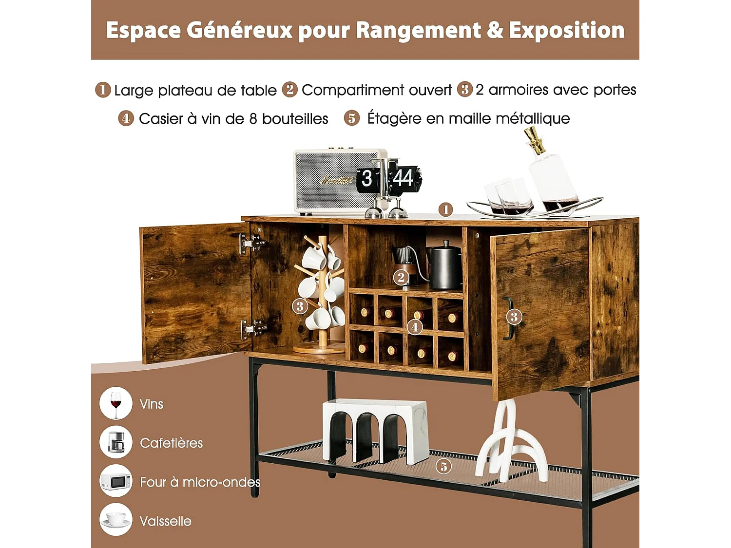 Buffet cuisine avec casier à vin,2 armoires à portes, étagère en maille, 120 x 40 x 85 cm