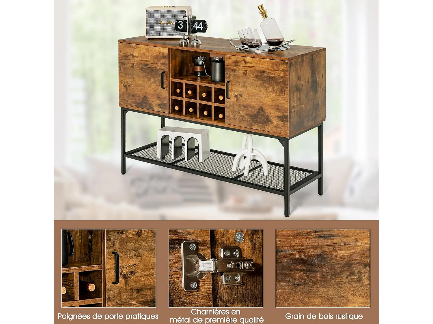 Buffet cuisine avec casier à vin,2 armoires à portes, étagère en maille, 120 x 40 x 85 cm