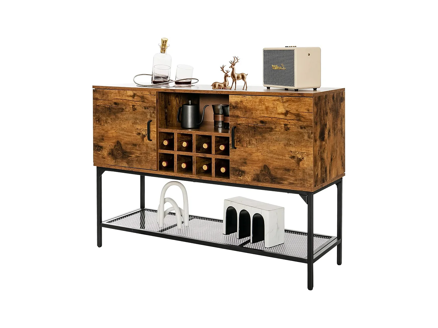 Buffet cuisine avec casier à vin,2 armoires à portes, étagère en maille, 120 x 40 x 85 cm