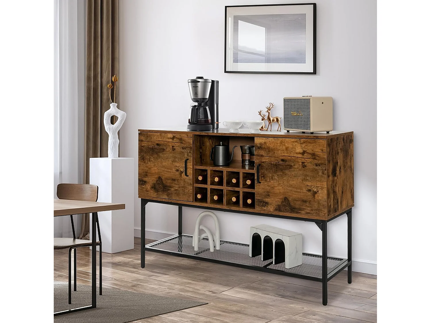 Buffet cuisine avec casier à vin,2 armoires à portes, étagère en maille, 120 x 40 x 85 cm