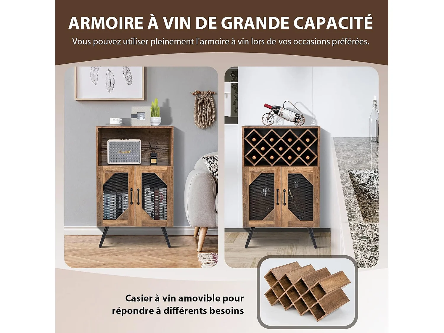 Buffet cuisine avec porte-bouteilles amovible pour 11 bouteilles, brun rustique