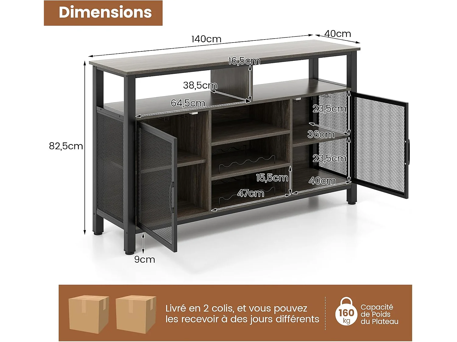 Buffet cuisine, buffet bas 140 cm avec 8 porte-bouteilles, 140 x 40 x 82,5 cm (gris)