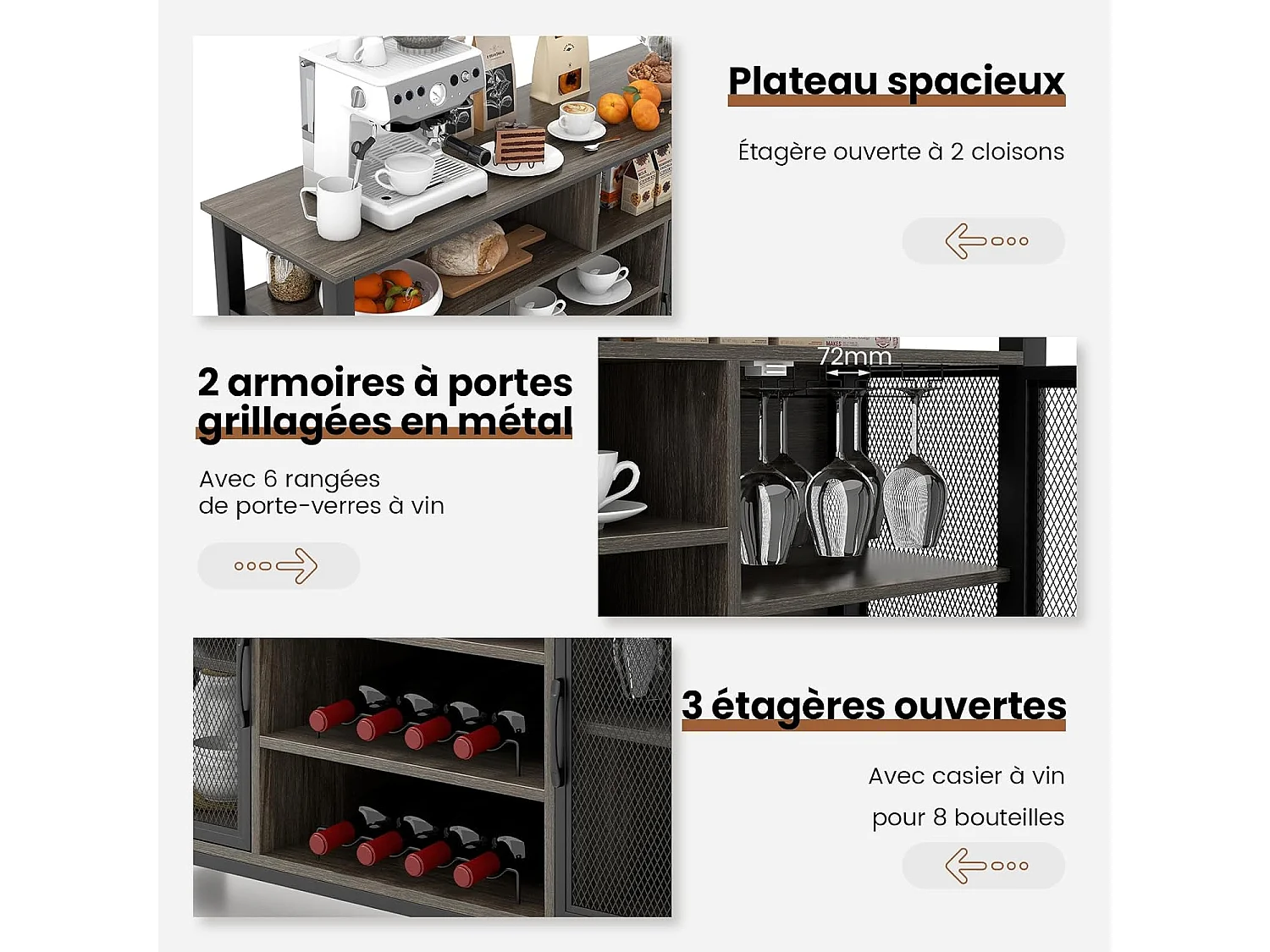 Buffet cuisine, buffet bas 140 cm avec 8 porte-bouteilles, 140 x 40 x 82,5 cm (gris)