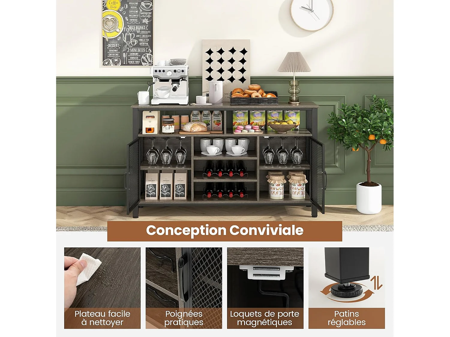 Buffet cuisine, buffet bas 140 cm avec 8 porte-bouteilles, 140 x 40 x 82,5 cm (gris)