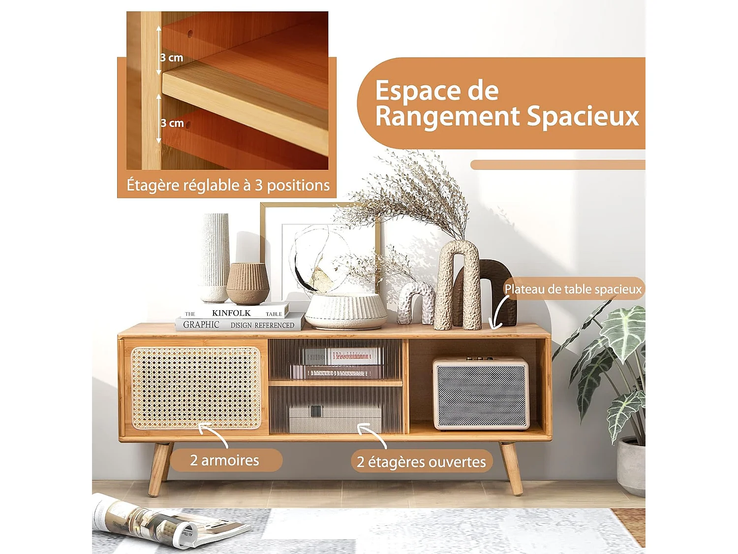 Meuble tv en bambou pour tv 55" avec 4 compartiments, 4 pieds, 2 portes coulissantes