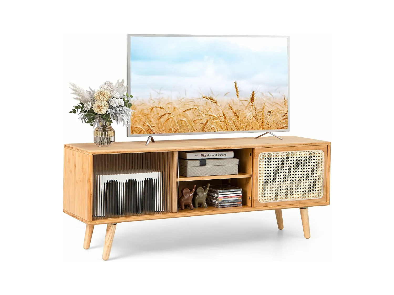 Meuble tv en bambou pour tv 55" avec 4 compartiments, 4 pieds, 2 portes coulissantes