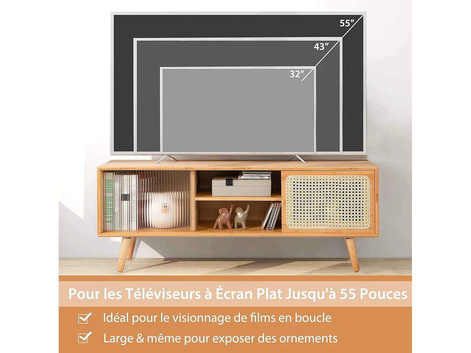 Meuble tv en bambou pour tv 55" avec 4 compartiments, 4 pieds, 2 portes coulissantes
