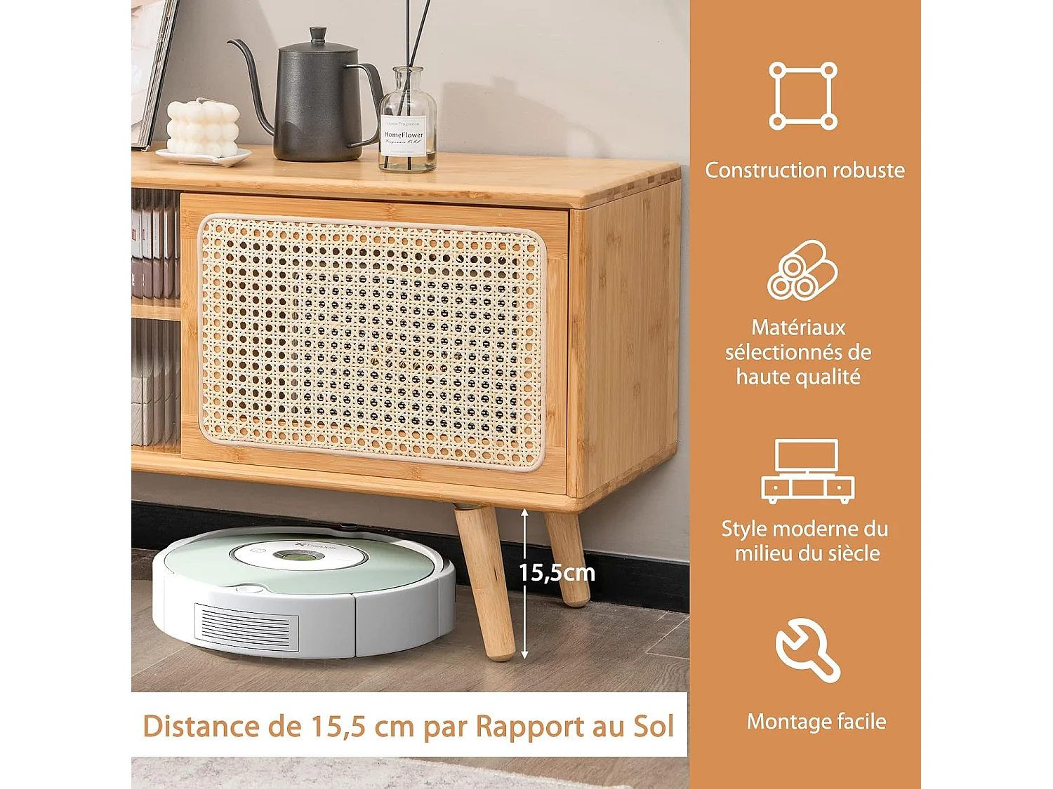 Meuble tv en bambou pour tv 55" avec 4 compartiments, 4 pieds, 2 portes coulissantes