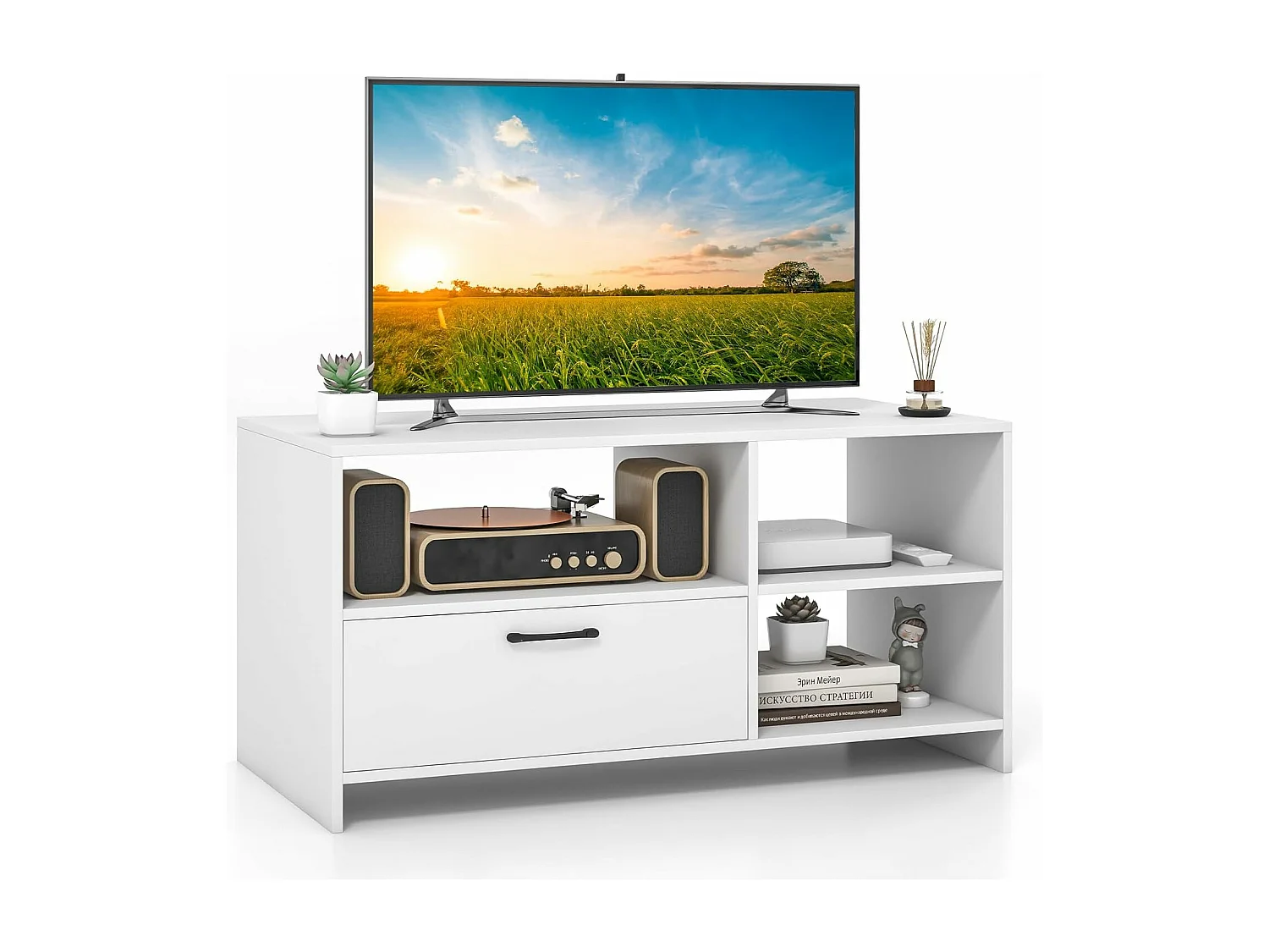 Meuble tv, tiroir et compartiments, pour tv jusqu'à 50 pouces, blanc 104,5 x 51,5 x 52 cm