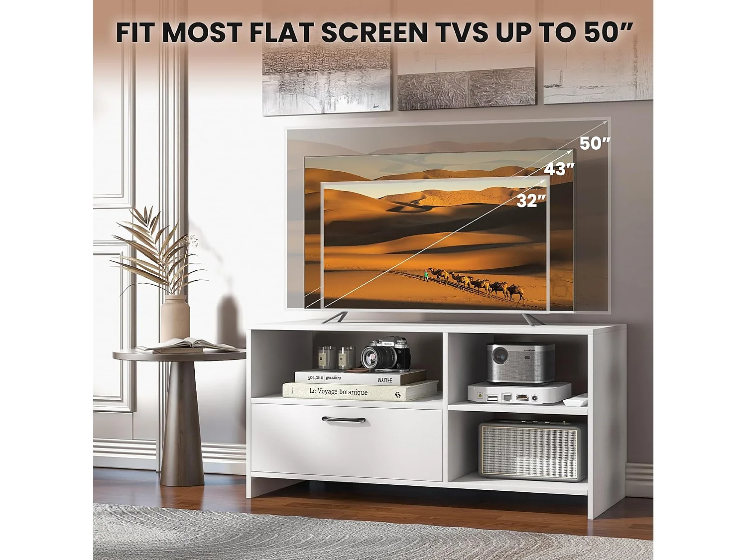 Meuble tv, tiroir et compartiments, pour tv jusqu'à 50 pouces, blanc 104,5 x 51,5 x 52 cm