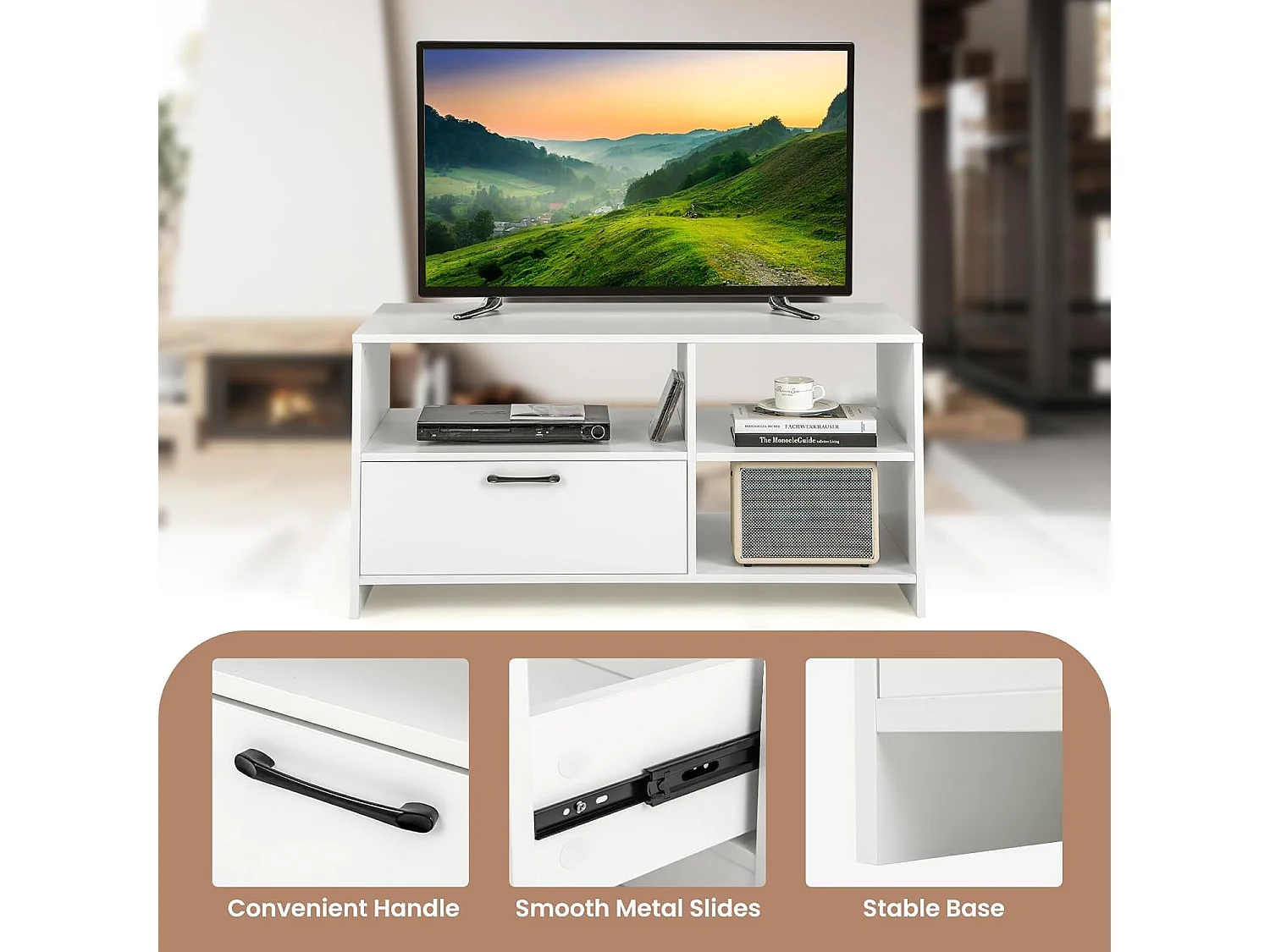 Meuble tv, tiroir et compartiments, pour tv jusqu'à 50 pouces, blanc 104,5 x 51,5 x 52 cm