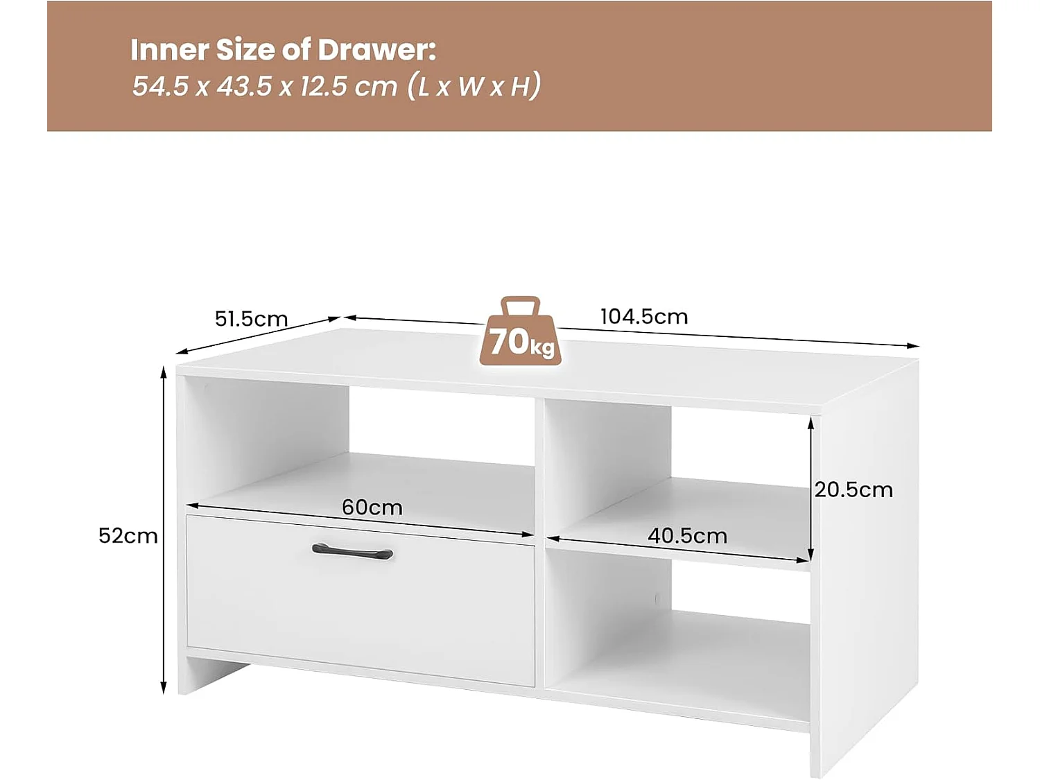Meuble tv, tiroir et compartiments, pour tv jusqu'à 50 pouces, blanc 104,5 x 51,5 x 52 cm