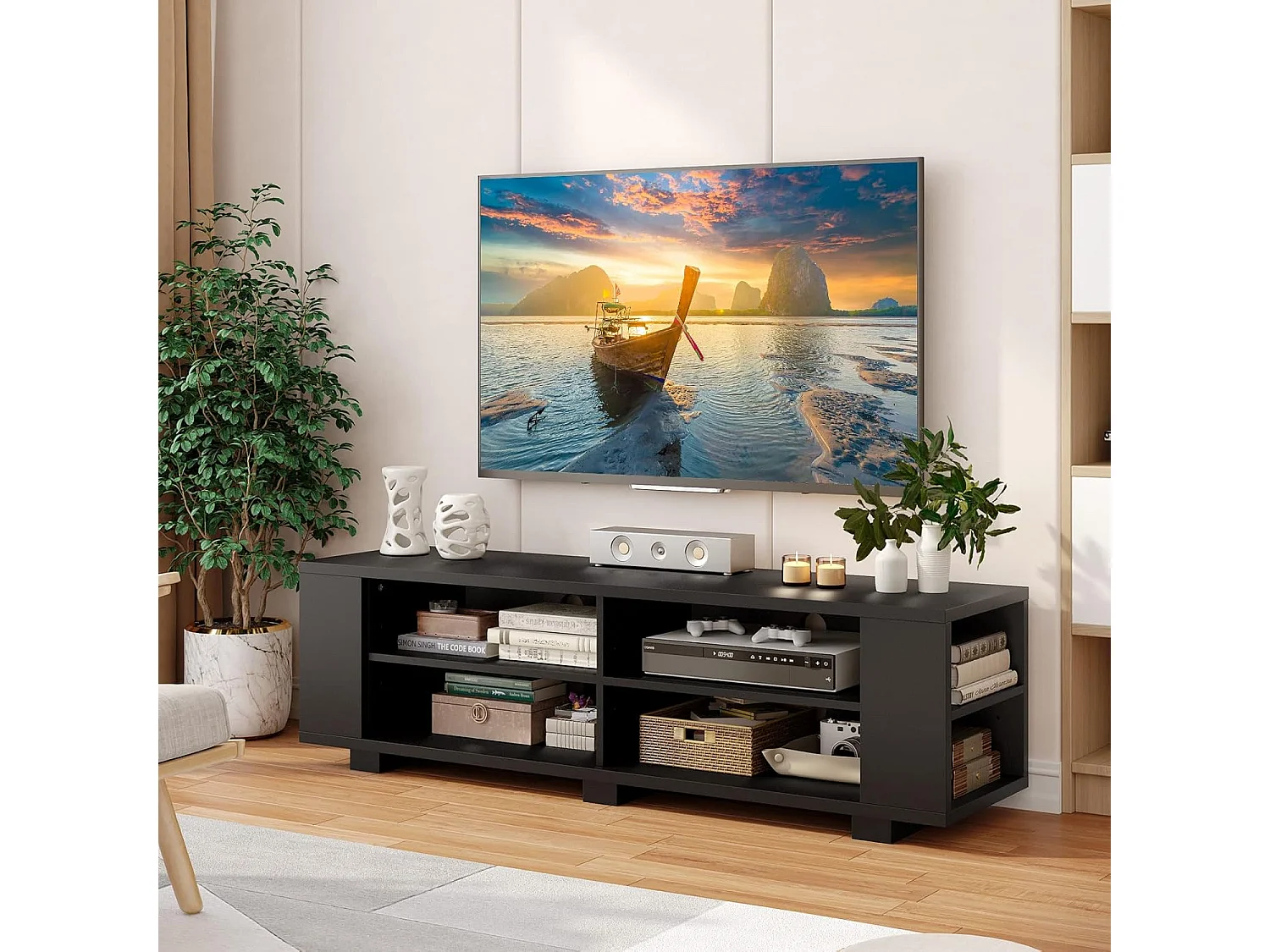 Meuble TV avec 6 Compartiments, Banc TV pour TV Jusqu'à 65 Pouces, 4 Trous de Gestion des Câbles, Étagères Réglables, pour Salon, Chambre, 150 x 39 x 45 cm (Noir)