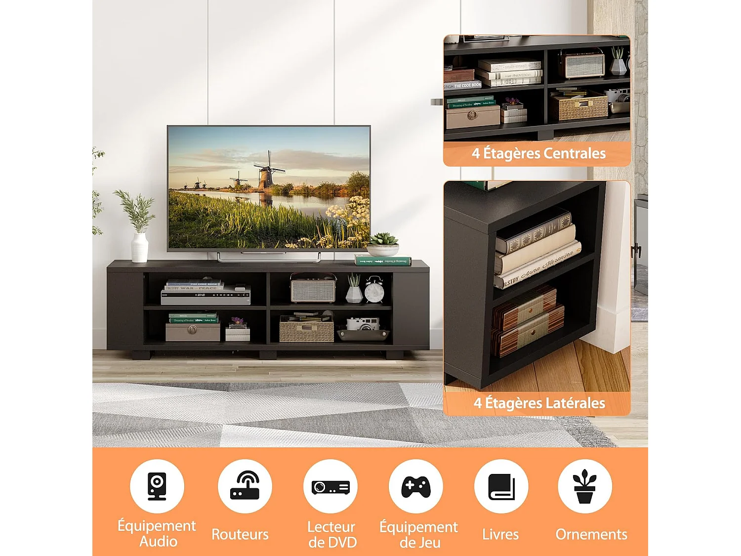 Meuble TV avec 6 Compartiments, Banc TV pour TV Jusqu'à 65 Pouces, 4 Trous de Gestion des Câbles, Étagères Réglables, pour Salon, Chambre, 150 x 39 x 45 cm (Noir)