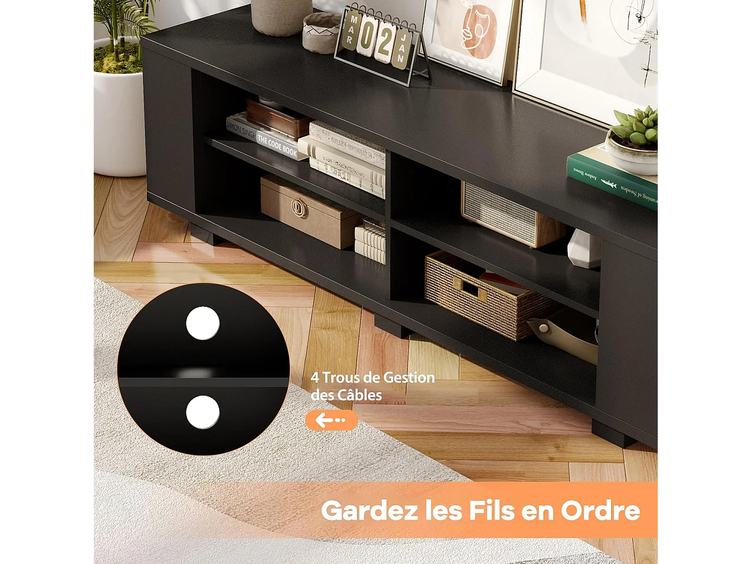 Meuble TV avec 6 Compartiments, Banc TV pour TV Jusqu'à 65 Pouces, 4 Trous de Gestion des Câbles, Étagères Réglables, pour Salon, Chambre, 150 x 39 x 45 cm (Noir)