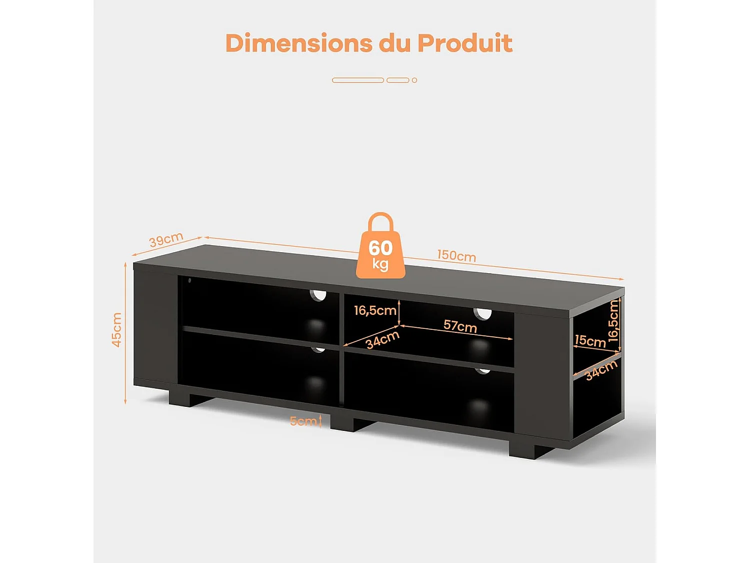 Meuble TV avec 6 Compartiments, Banc TV pour TV Jusqu'à 65 Pouces, 4 Trous de Gestion des Câbles, Étagères Réglables, pour Salon, Chambre, 150 x 39 x 45 cm (Noir)