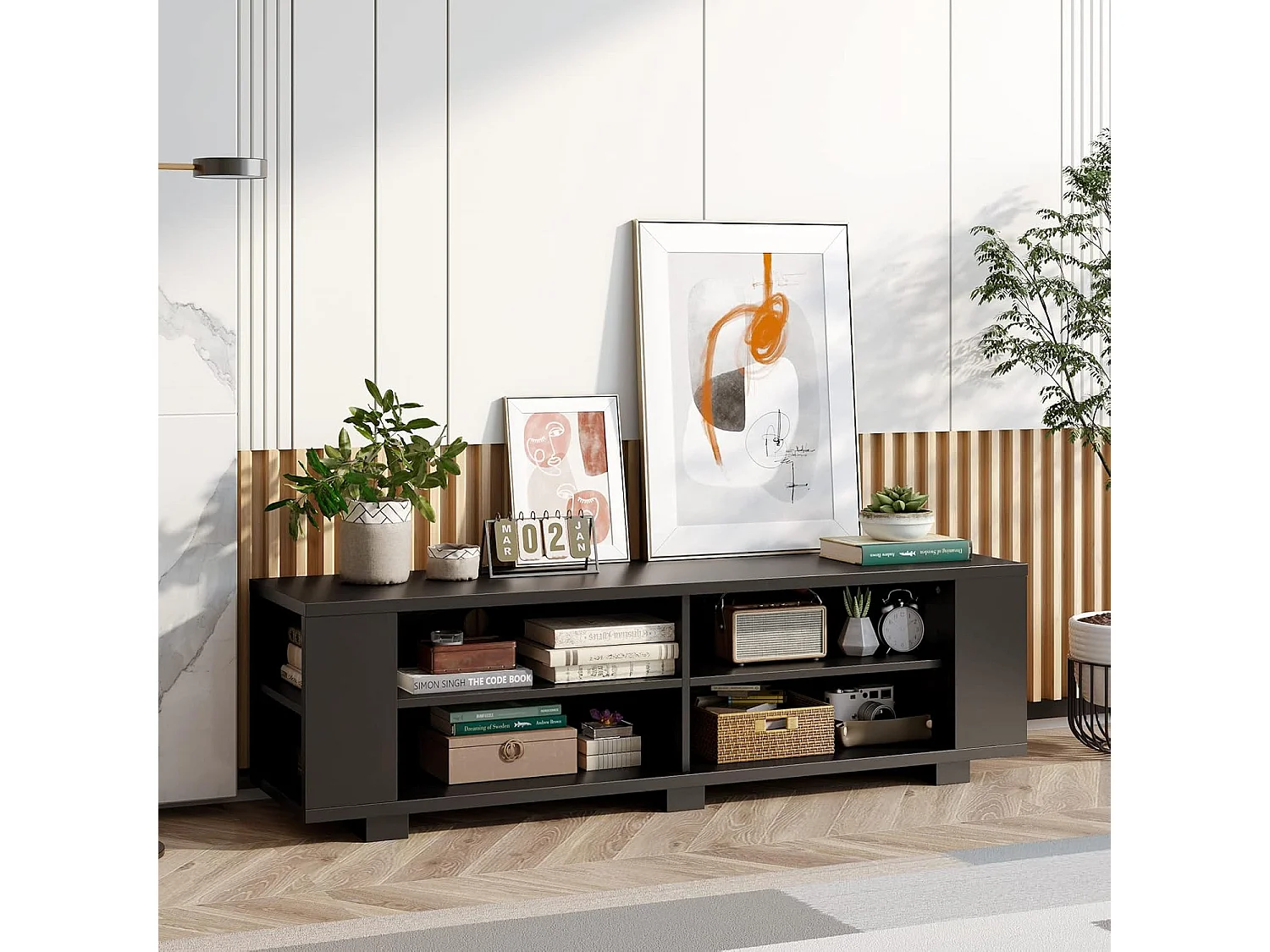 Meuble TV avec 6 Compartiments, Banc TV pour TV Jusqu'à 65 Pouces, 4 Trous de Gestion des Câbles, Étagères Réglables, pour Salon, Chambre, 150 x 39 x 45 cm (Noir)