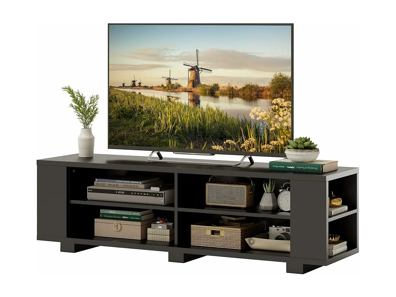 Meuble TV avec 6 Compartiments, Banc TV pour TV Jusqu'à 65 Pouces, 4 Trous de Gestion des Câbles, Étagères Réglables, pour Salon, Chambre, 150 x 39 x 45 cm (Noir)