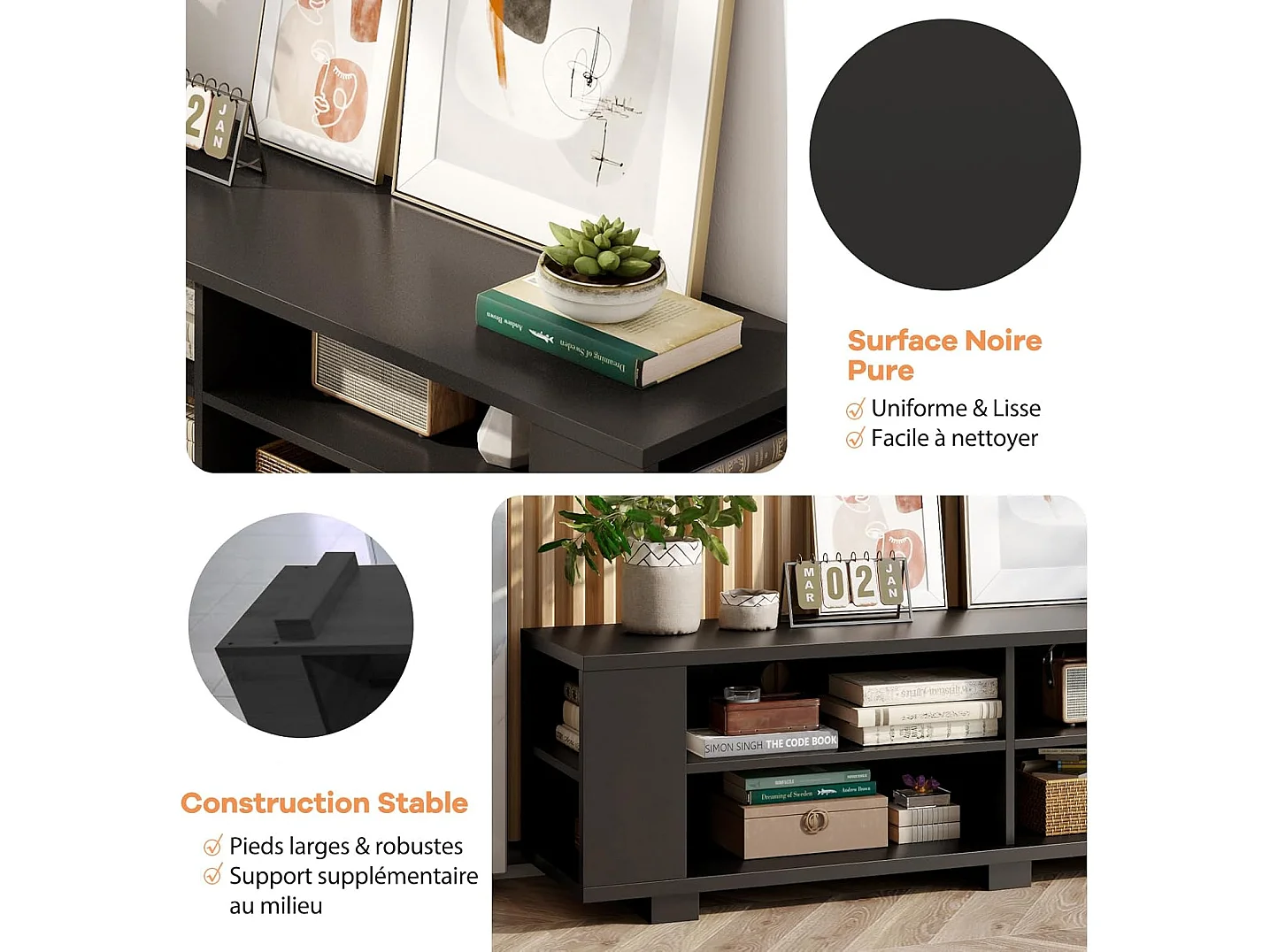 Meuble TV avec 6 Compartiments, Banc TV pour TV Jusqu'à 65 Pouces, 4 Trous de Gestion des Câbles, Étagères Réglables, pour Salon, Chambre, 150 x 39 x 45 cm (Noir)