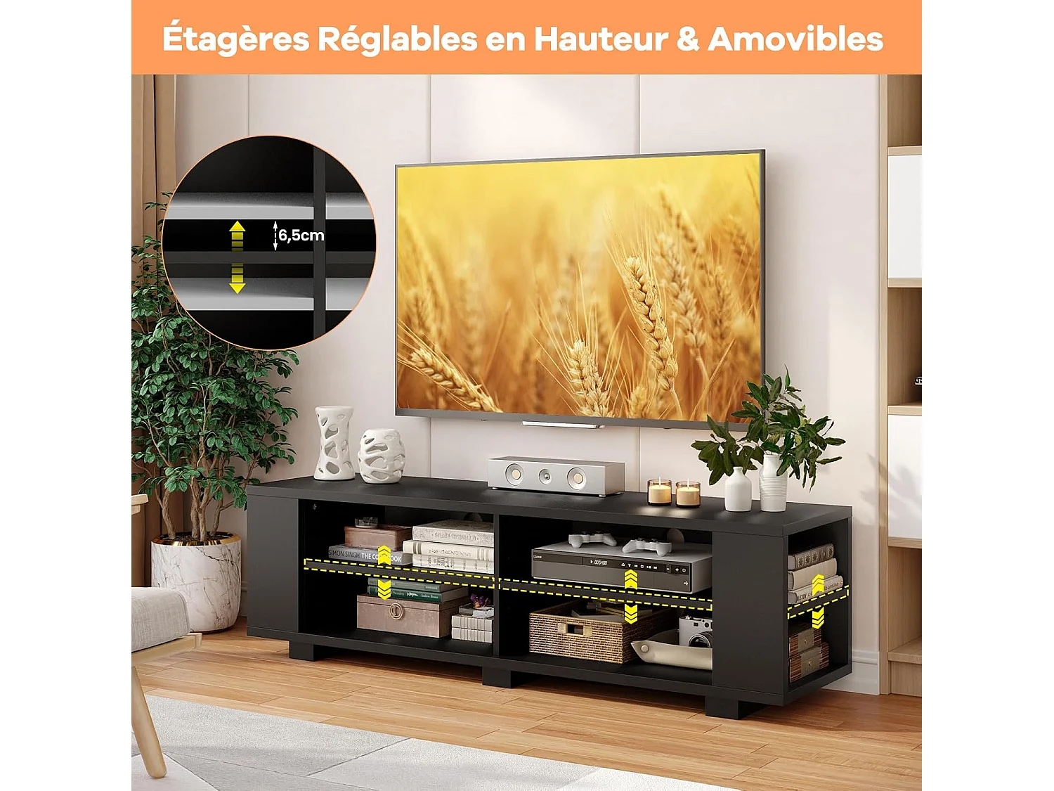 Meuble TV avec 6 Compartiments, Banc TV pour TV Jusqu'à 65 Pouces, 4 Trous de Gestion des Câbles, Étagères Réglables, pour Salon, Chambre, 150 x 39 x 45 cm (Noir)