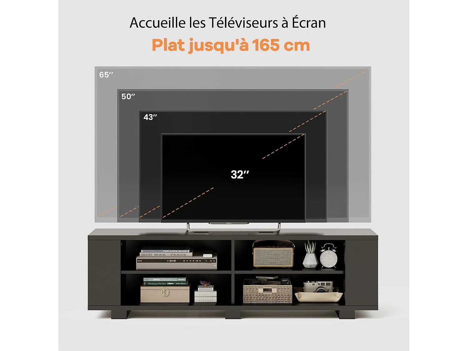 Meuble TV avec 6 Compartiments, Banc TV pour TV Jusqu'à 65 Pouces, 4 Trous de Gestion des Câbles, Étagères Réglables, pour Salon, Chambre, 150 x 39 x 45 cm (Noir)