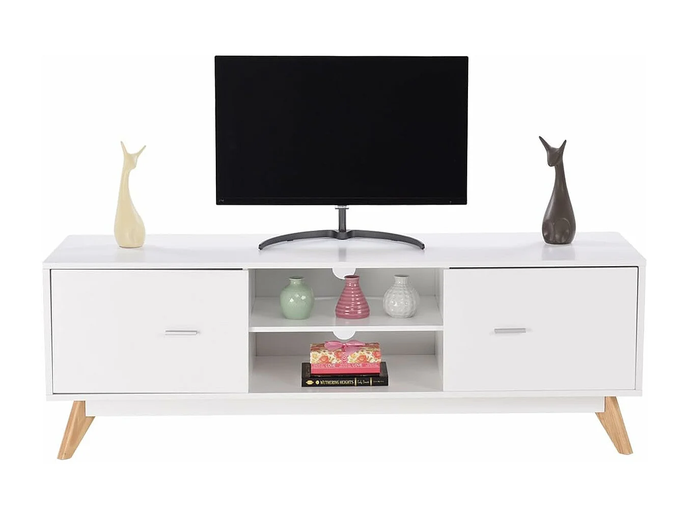 Banc TV 2 Compartiments 2 Placards, Console TV Moderne Centre de Divertissement Rangement 2 Étagères 2 Armoires Trous de Gestion Jusqu'à 60 pouces 140 x 40 x 48 cm