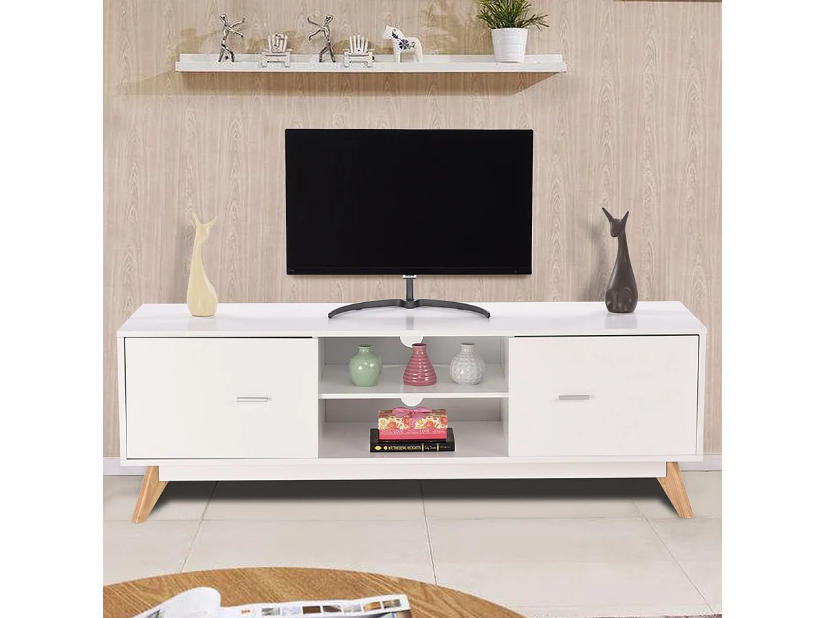 Banc TV 2 Compartiments 2 Placards, Console TV Moderne Centre de Divertissement Rangement 2 Étagères 2 Armoires Trous de Gestion Jusqu'à 60 pouces 140 x 40 x 48 cm