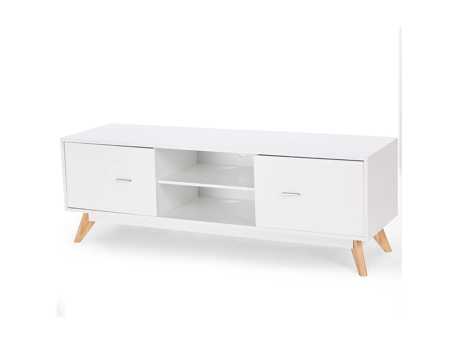 Banc TV 2 Compartiments 2 Placards, Console TV Moderne Centre de Divertissement Rangement 2 Étagères 2 Armoires Trous de Gestion Jusqu'à 60 pouces 140 x 40 x 48 cm