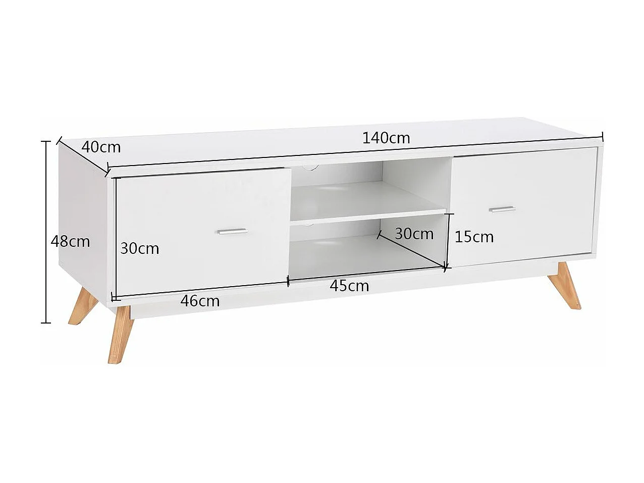 Banc TV 2 Compartiments 2 Placards, Console TV Moderne Centre de Divertissement Rangement 2 Étagères 2 Armoires Trous de Gestion Jusqu'à 60 pouces 140 x 40 x 48 cm