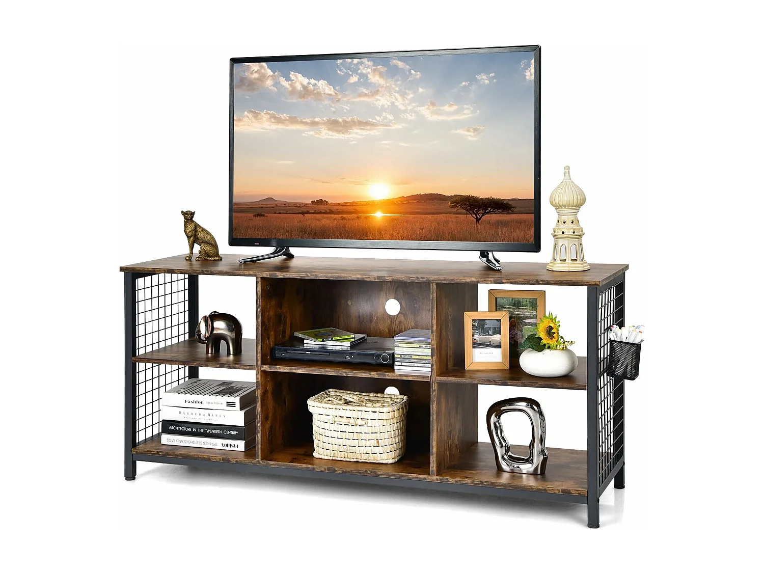 Meuble tv 3 étagères, 65" au max, 6 compartiments, 2 passe-câbles 140 x 40 x 62,5 cm
