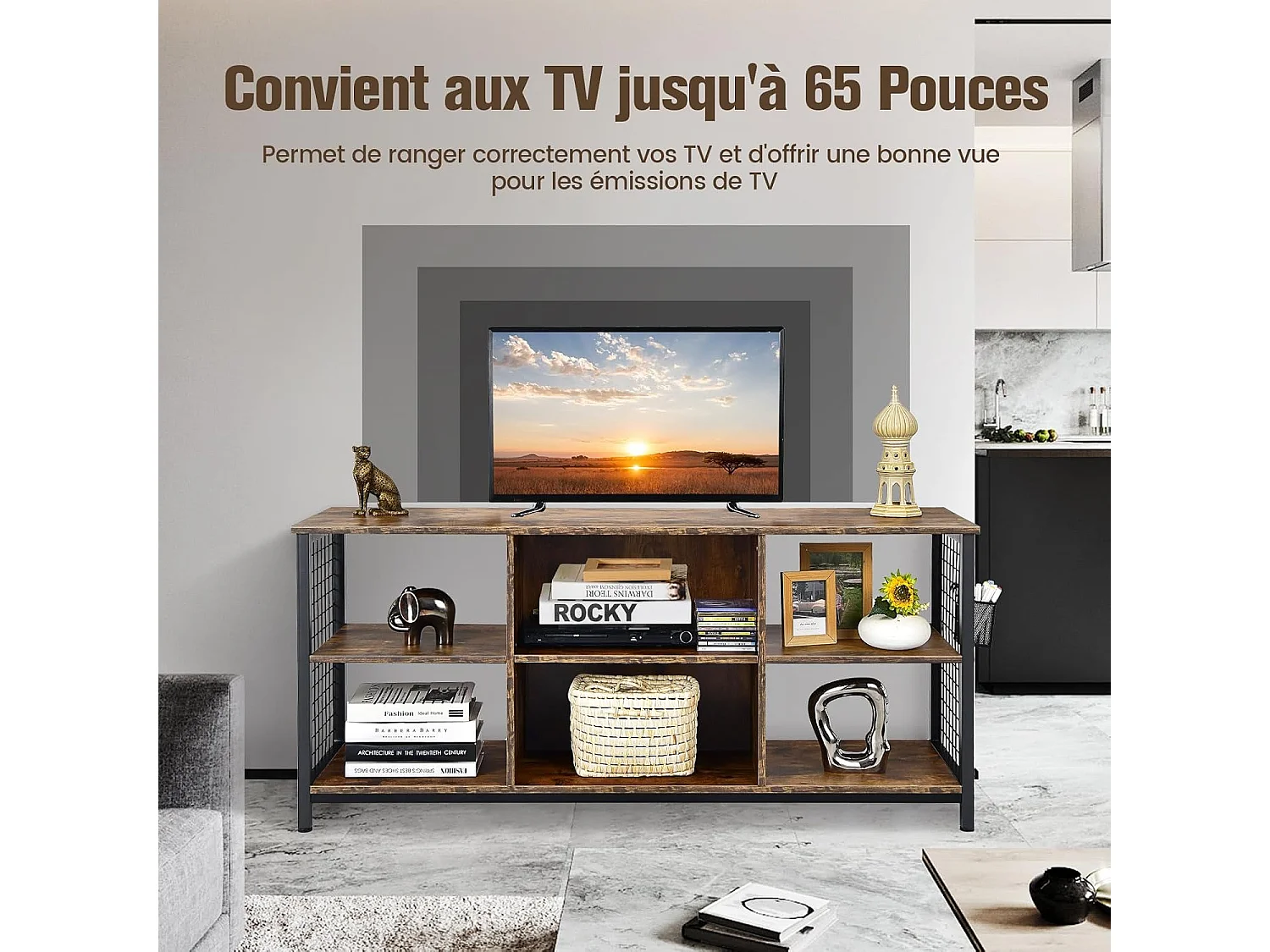 Meuble tv 3 étagères, 65" au max, 6 compartiments, 2 passe-câbles 140 x 40 x 62,5 cm