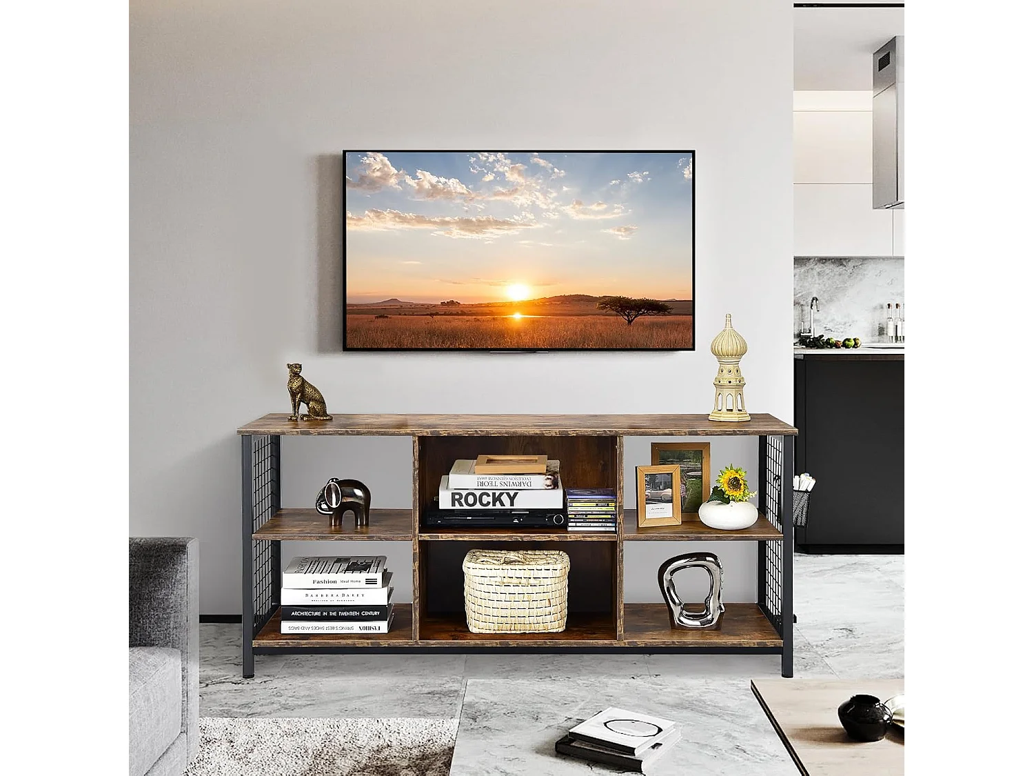 Meuble tv 3 étagères, 65" au max, 6 compartiments, 2 passe-câbles 140 x 40 x 62,5 cm
