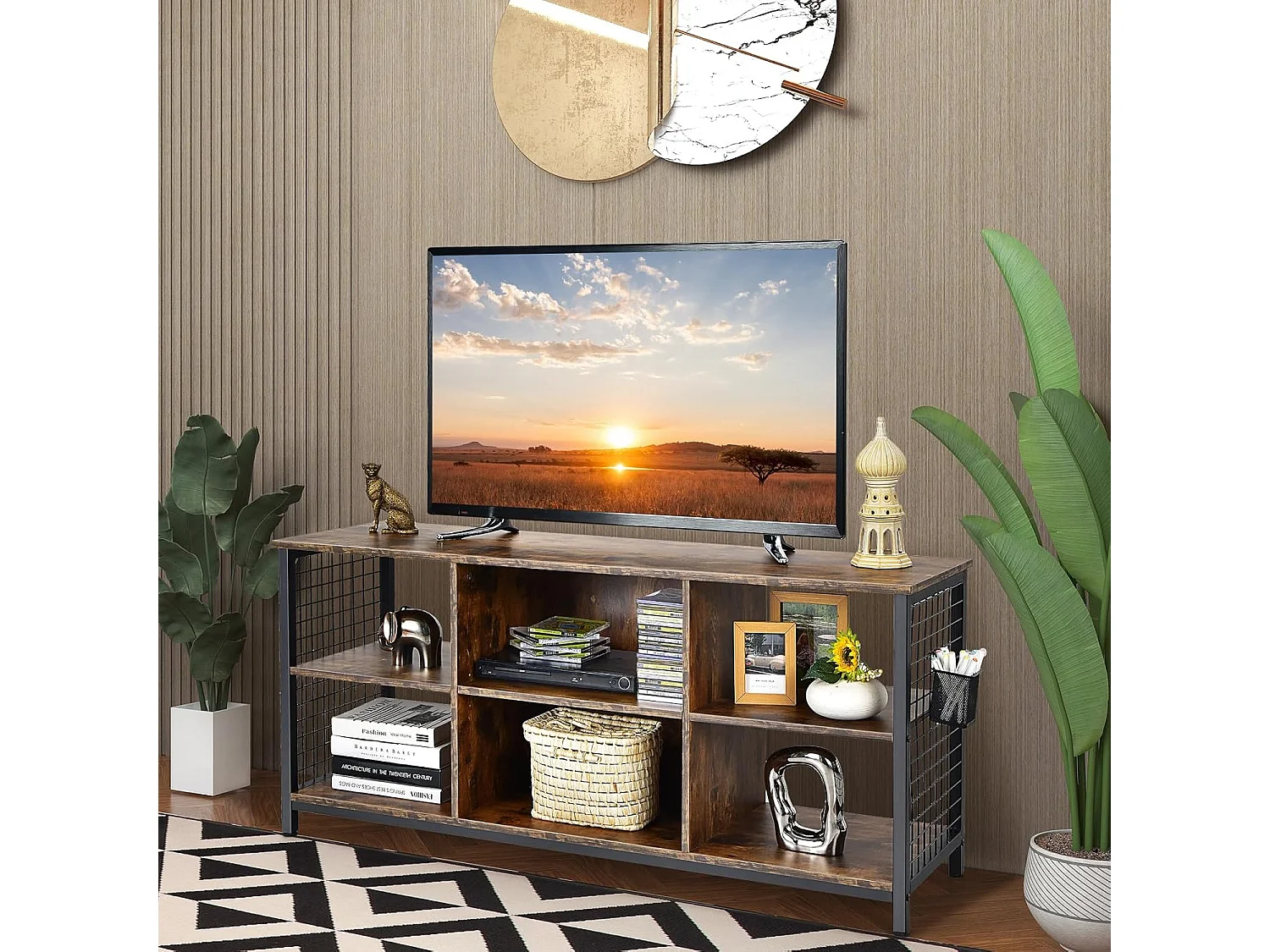Meuble tv 3 étagères, 65" au max, 6 compartiments, 2 passe-câbles 140 x 40 x 62,5 cm