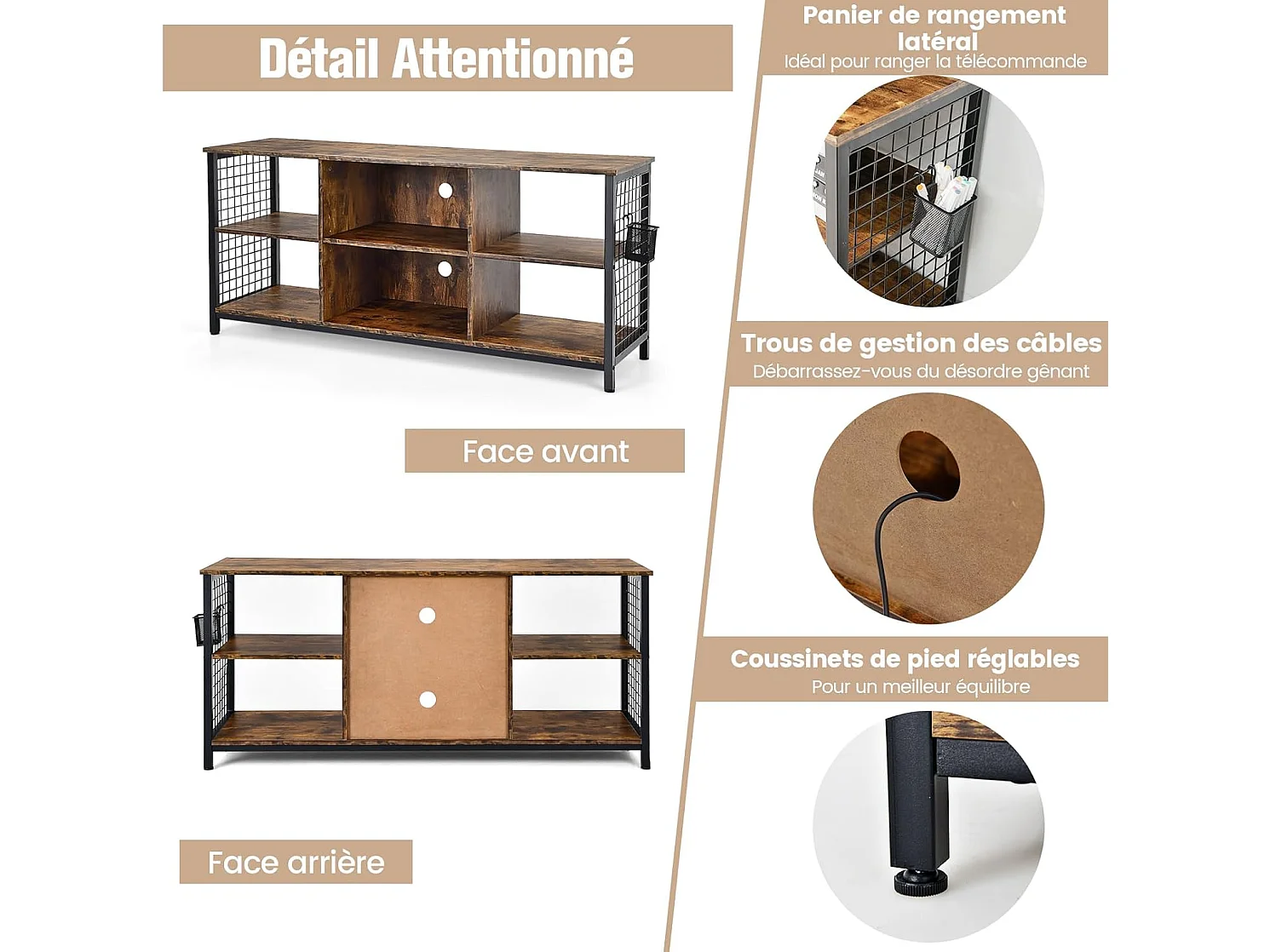 Meuble tv 3 étagères, 65" au max, 6 compartiments, 2 passe-câbles 140 x 40 x 62,5 cm