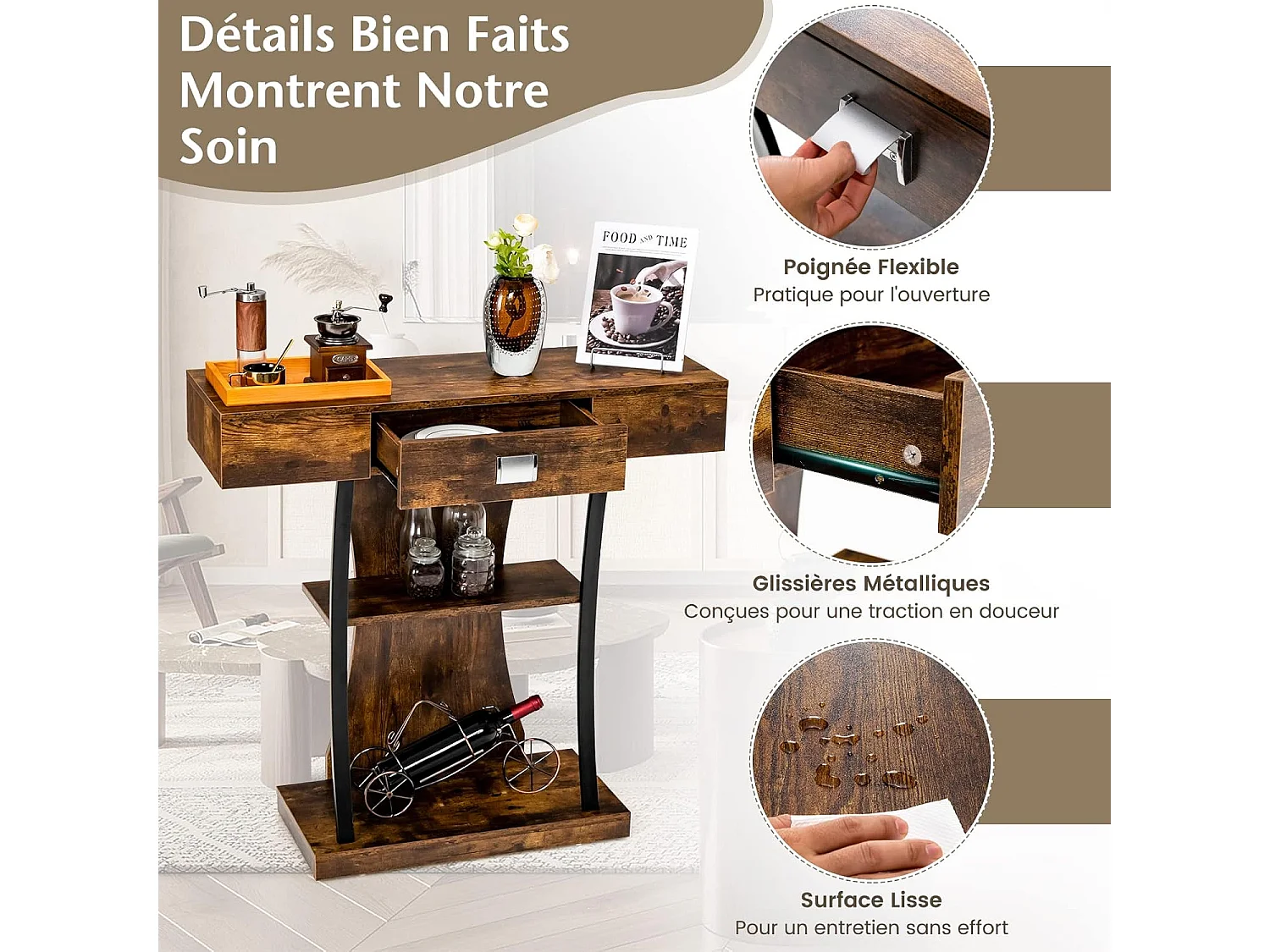 Table de Console Industrielle à 3 Étagères avec Tiroir, Meuble d'Entrée Vintage avec Dispositif Anti-Renversement 91 x 30 x 88cm (Marron)