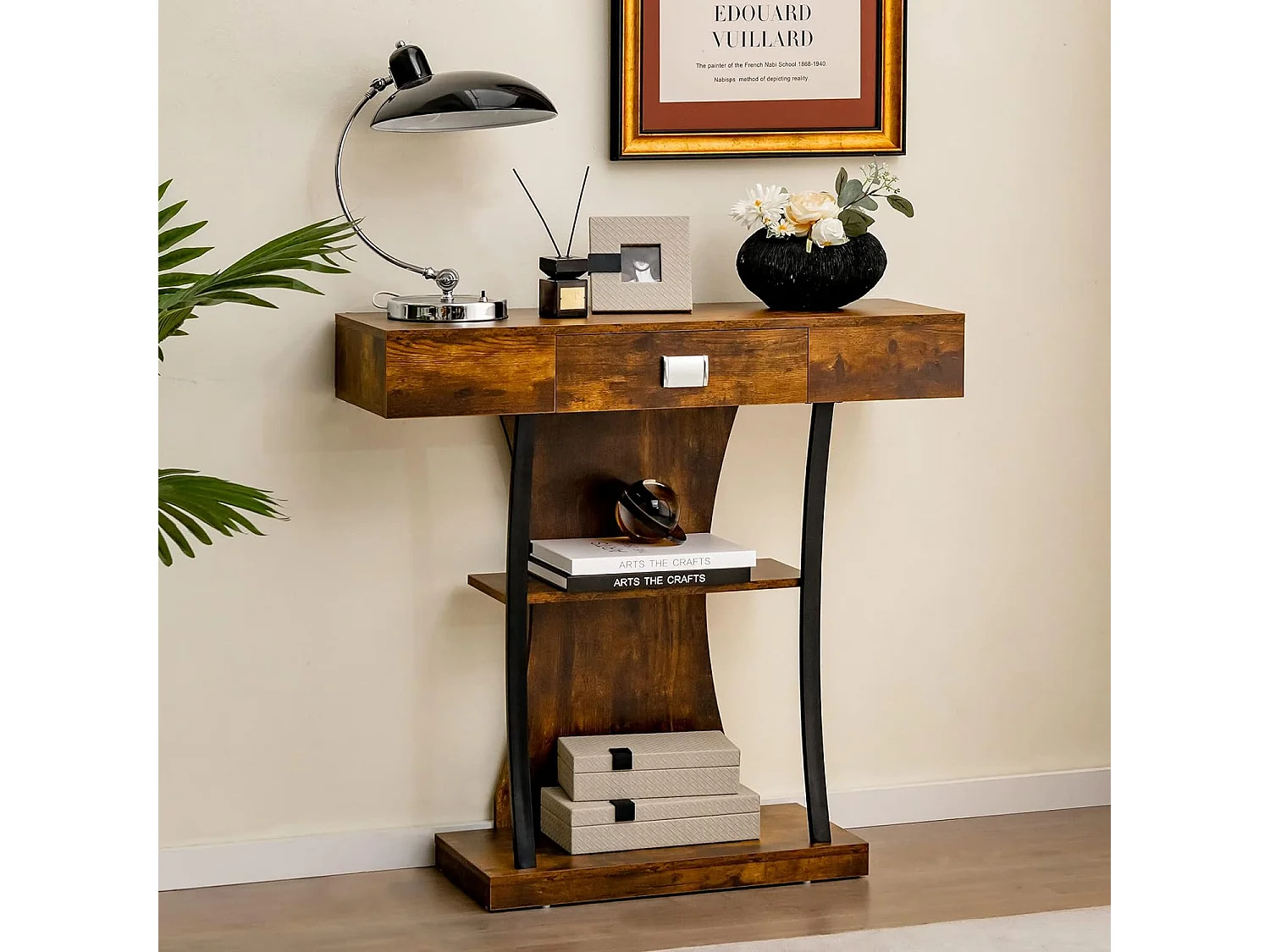 Table de Console Industrielle à 3 Étagères avec Tiroir, Meuble d'Entrée Vintage avec Dispositif Anti-Renversement 91 x 30 x 88cm (Marron)