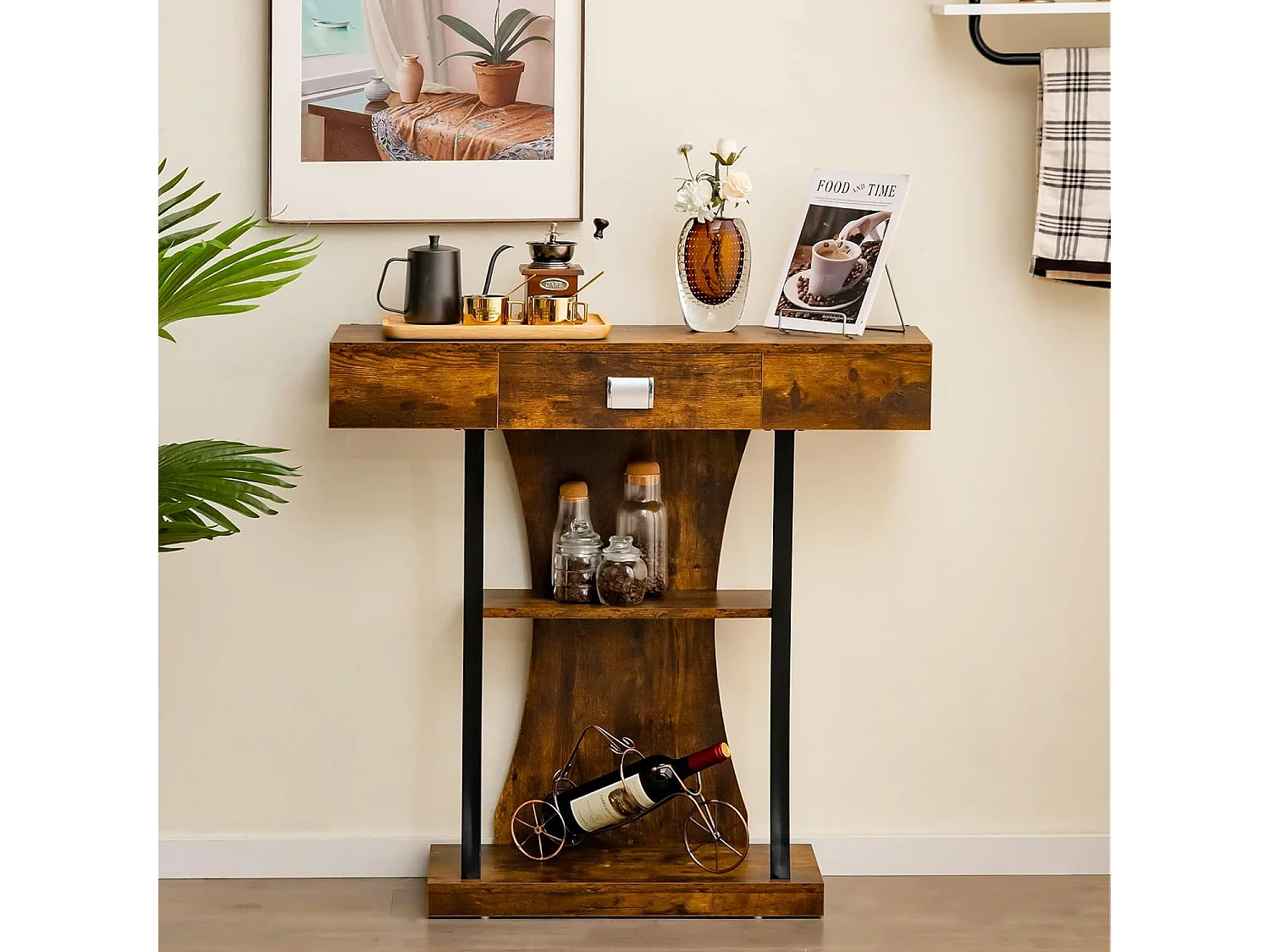 Table de Console Industrielle à 3 Étagères avec Tiroir, Meuble d'Entrée Vintage avec Dispositif Anti-Renversement 91 x 30 x 88cm (Marron)