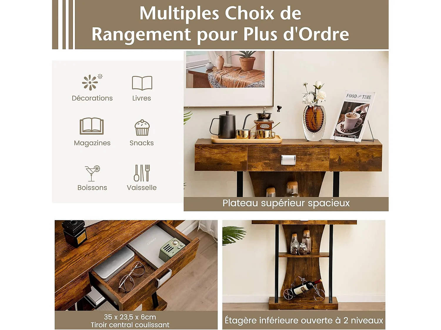 Table de Console Industrielle à 3 Étagères avec Tiroir, Meuble d'Entrée Vintage avec Dispositif Anti-Renversement 91 x 30 x 88cm (Marron)