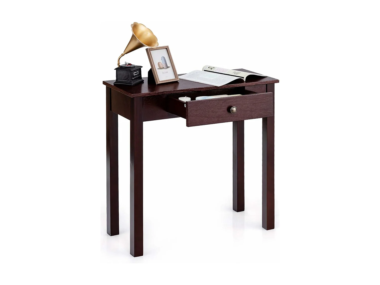 Table console avec tiroir, table avec pieds en bois massif,  marron/noir (marron)