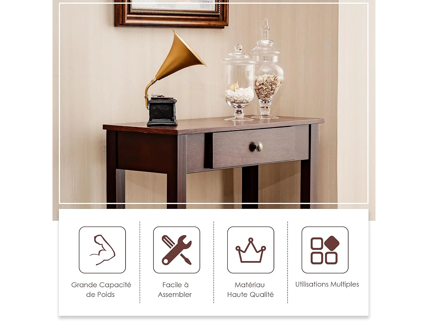 Table console avec tiroir, table avec pieds en bois massif,  marron/noir (marron)