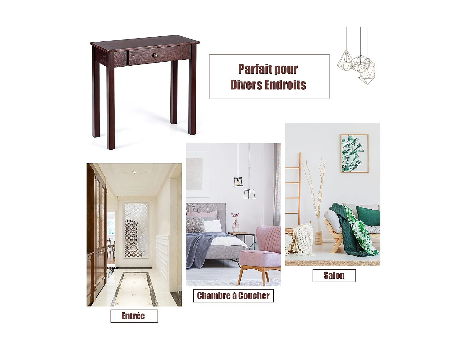 Table console avec tiroir, table avec pieds en bois massif,  marron/noir (marron)