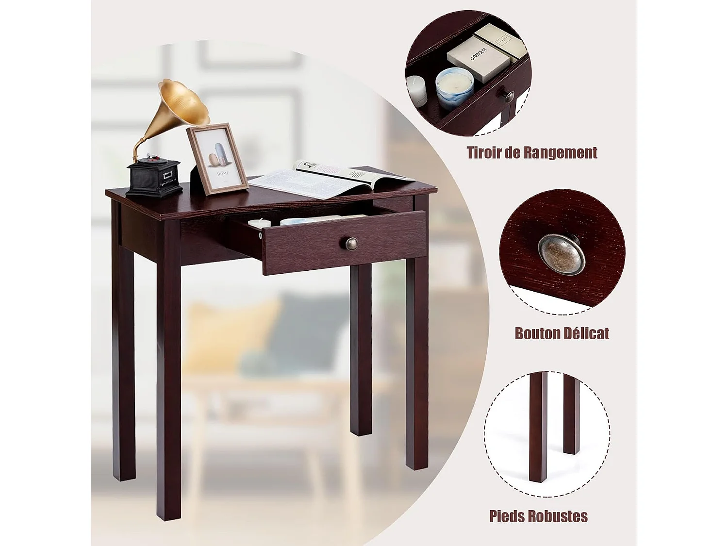 Table console avec tiroir, table avec pieds en bois massif,  marron/noir (marron)