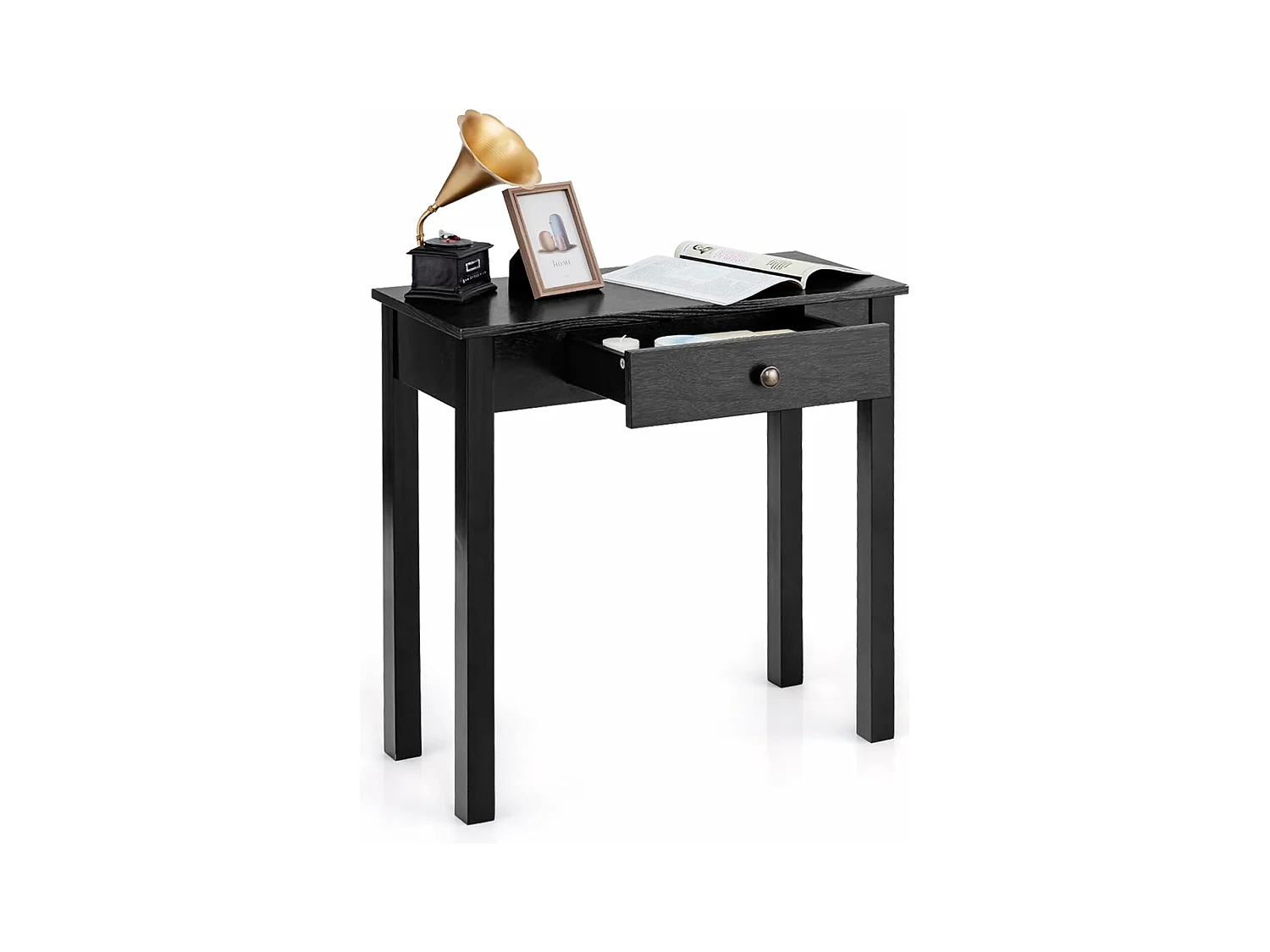 Table console avec tiroir, table de chevet avec pieds en bois massif,  marron/noir (noir)