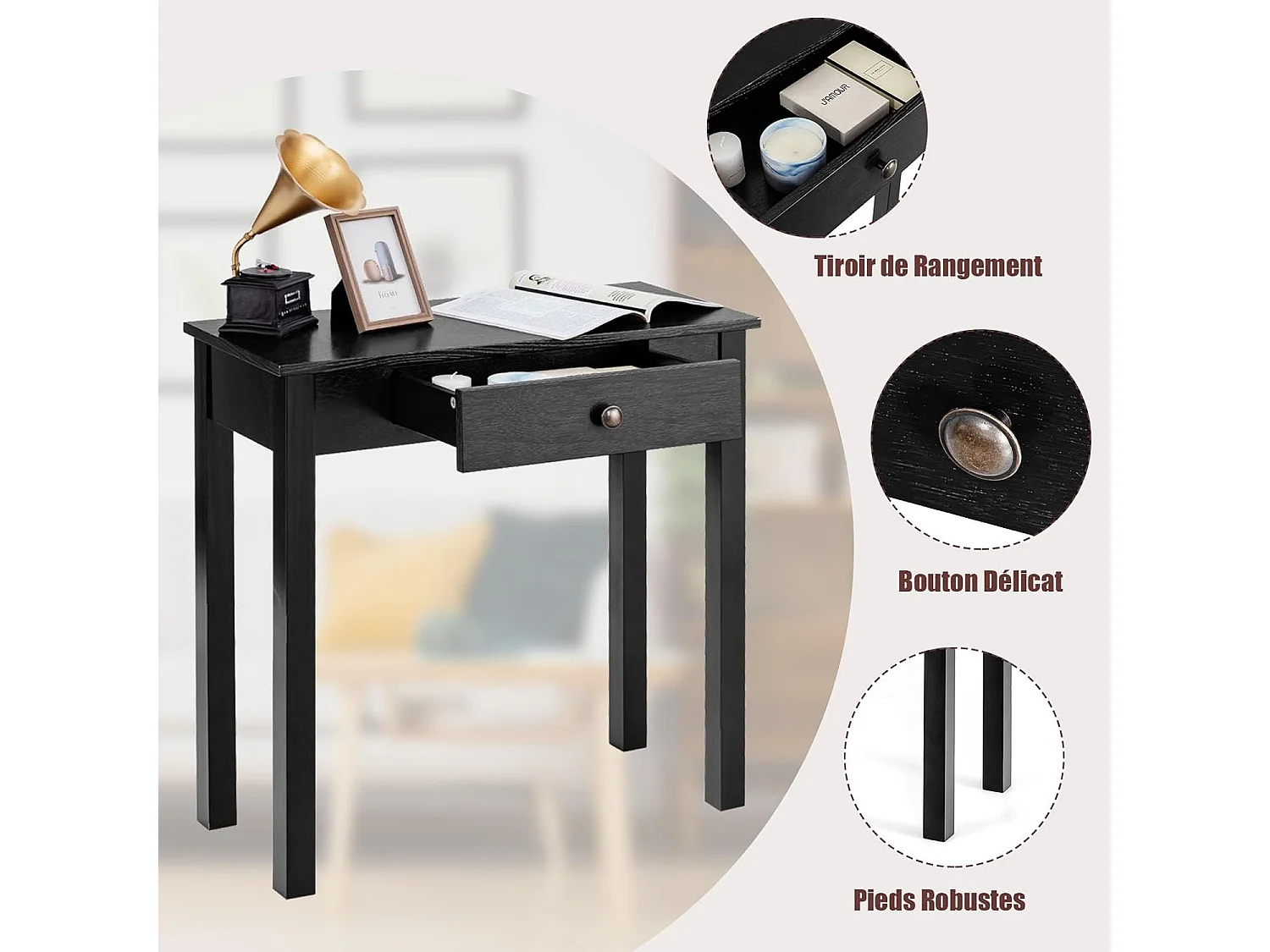 Table console avec tiroir, table de chevet avec pieds en bois massif,  marron/noir (noir)