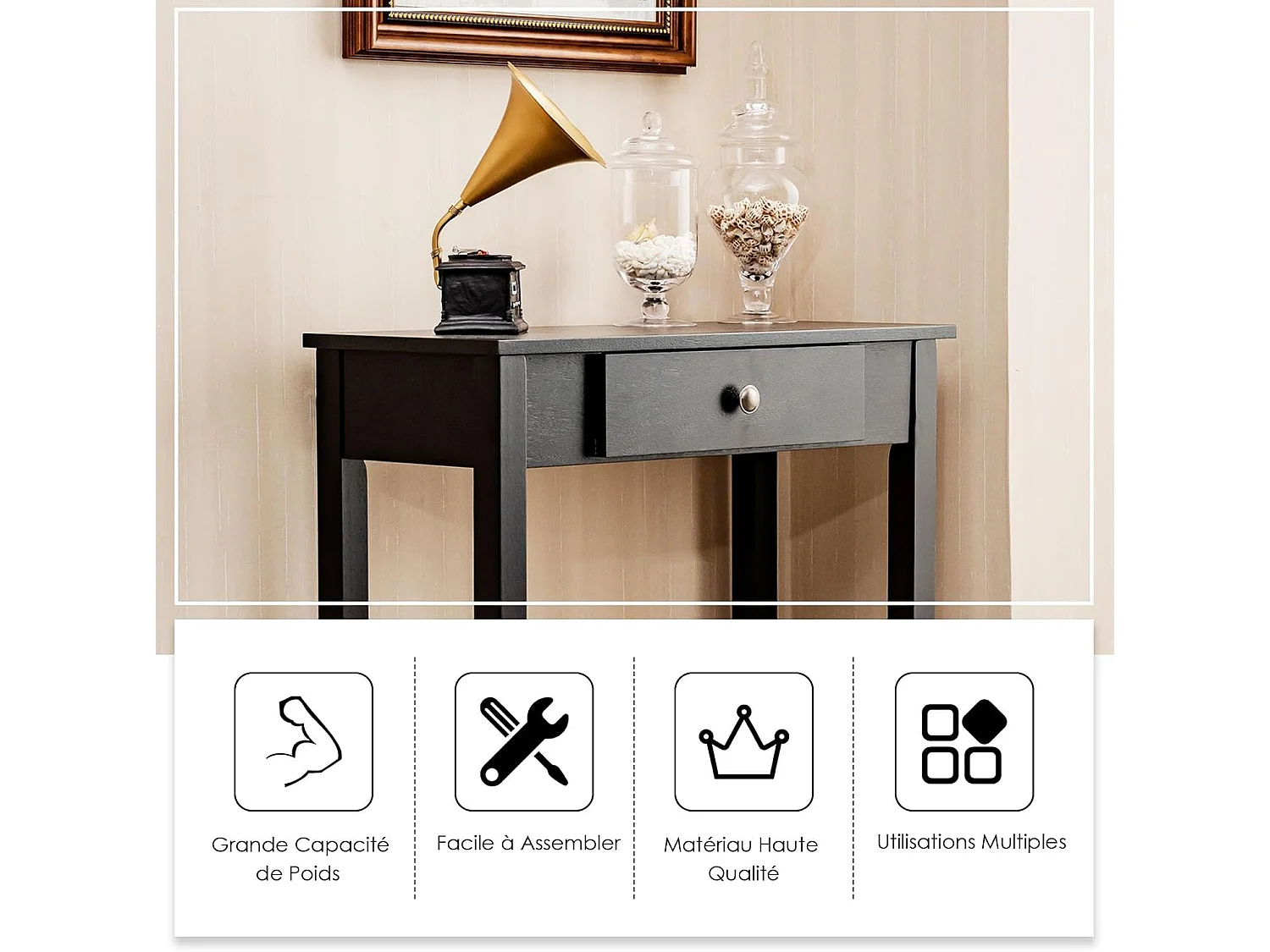 Table console avec tiroir, table de chevet avec pieds en bois massif,  marron/noir (noir)