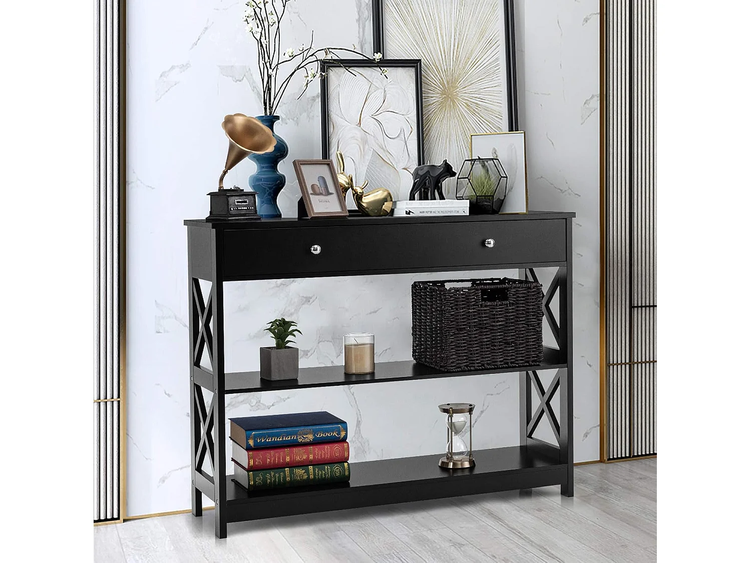 Table console, console entrée avec tiroir et 2 étagères,100 x 30 x 80 cm (noir)
